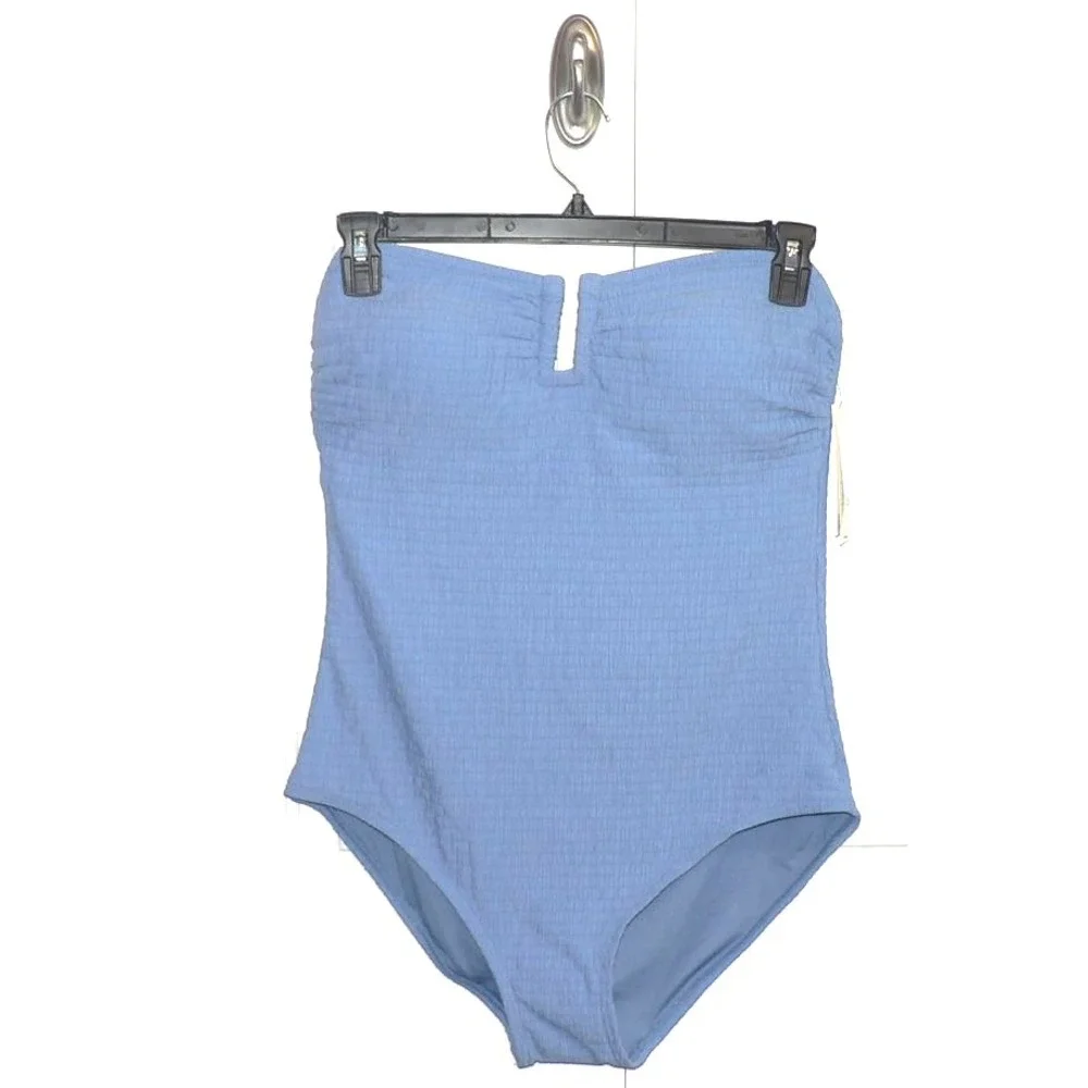 DKNY Women's Textured One-Piece Piece Strapless Swimsuit in Blue XLarge - Picture 3 of 7